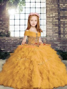 Gold Sleeveless Beading Floor Length Custom Made Pageant Dress