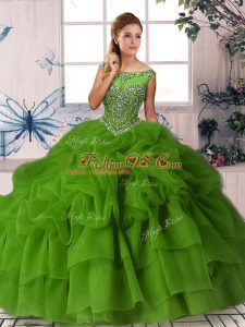 Adorable Sleeveless Organza Brush Train Zipper Sweet 16 Dress in Green with Beading and Pick Ups