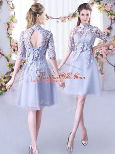 High Class Mini Length Grey Bridesmaids Dress High-neck Half Sleeves Lace Up