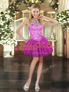 Dazzling Fuchsia Ball Gowns Tulle Halter Top Sleeveless Beading Mini Length Lace Up Prom Party Dress