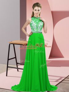 Green Backless Halter Top Beading Chiffon Sleeveless Brush Train