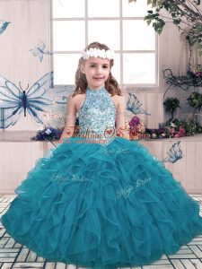 Excellent Teal Ball Gowns Tulle Halter Top Sleeveless Beading and Ruffles Floor Length Lace Up Little Girls Pageant Gowns