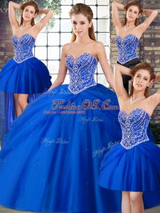 Trendy Royal Blue Sweetheart Lace Up Beading and Pick Ups Sweet 16 Dress Brush Train Sleeveless