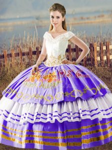 Customized Embroidery and Ruffled Layers Quinceanera Gowns White And Purple Lace Up Sleeveless Floor Length