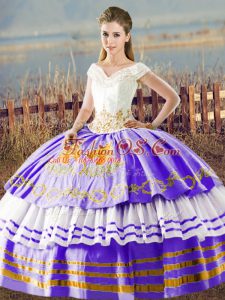 Customized Embroidery and Ruffled Layers Quinceanera Gowns White And Purple Lace Up Sleeveless Floor Length