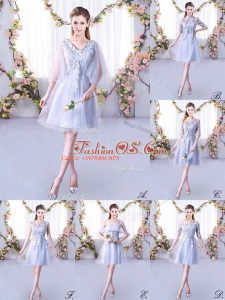 Fitting A-line Bridesmaid Gown Grey V-neck Tulle Sleeveless Mini Length Lace Up