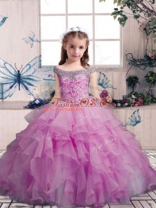 Eye-catching Floor Length Lilac Little Girl Pageant Dress Organza Sleeveless Beading and Ruffles