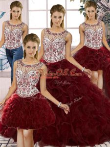 Ball Gowns 15 Quinceanera Dress Burgundy Scoop Organza Sleeveless Floor Length Lace Up