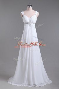 Sumptuous White Lace Up Straps Beading Wedding Gowns Chiffon Sleeveless Brush Train