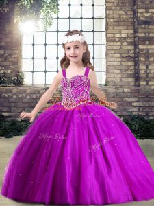 Fuchsia Sleeveless Floor Length Beading Lace Up Girls Pageant Dresses
