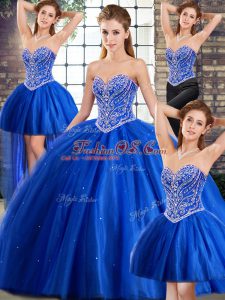 Blue Quinceanera Gown Tulle Brush Train Sleeveless Beading