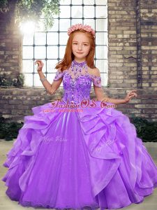 Latest Lavender Lace Up High School Pageant Dress Beading and Ruffles Sleeveless Floor Length