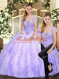 On Sale Floor Length Lavender 15 Quinceanera Dress Tulle Sleeveless Beading and Appliques and Ruffles