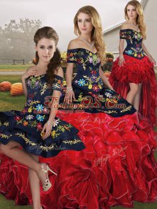 Inexpensive Ball Gowns 15 Quinceanera Dress Red And Black Off The Shoulder Organza Sleeveless Floor Length Lace Up