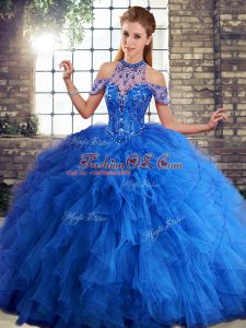 Royal Blue Lace Up Halter Top Beading and Ruffles Ball Gown Prom Dress Tulle Sleeveless