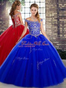 Customized Royal Blue Sleeveless Floor Length Beading Lace Up 15 Quinceanera Dress
