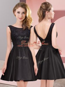 Stunning Mini Length Black Quinceanera Court of Honor Dress Satin Sleeveless Lace
