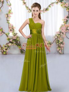 Floor Length Olive Green Wedding Party Dress One Shoulder Sleeveless Lace Up