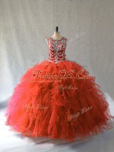 Sleeveless Tulle Floor Length Lace Up Sweet 16 Dresses in Orange Red with Beading and Ruffles