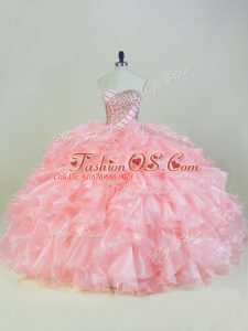 Peach Sweetheart Lace Up Beading and Ruffles Quinceanera Gown Sleeveless
