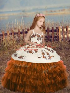 Brown Column/Sheath Straps Sleeveless Organza Floor Length Lace Up Ruffled Layers Little Girls Pageant Dress Wholesale