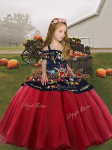 Embroidery Little Girls Pageant Dress Wholesale Coral Red Lace Up Sleeveless Floor Length