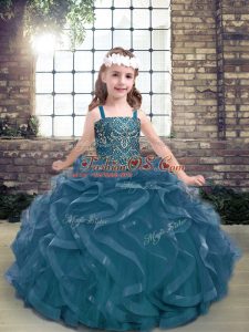 Simple Sleeveless Tulle Floor Length Lace Up Girls Pageant Dresses in Blue with Beading and Ruffles