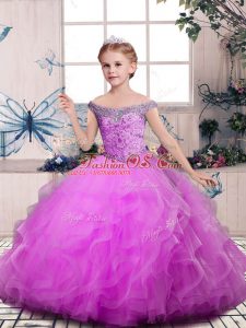 Enchanting Lilac Ball Gowns Beading and Ruffles Girls Pageant Dresses Lace Up Tulle Sleeveless Floor Length