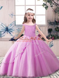 Beading Little Girls Pageant Dress Wholesale Lilac Lace Up Sleeveless Floor Length