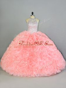 Peach Lace Up 15th Birthday Dress Beading and Ruffles Sleeveless