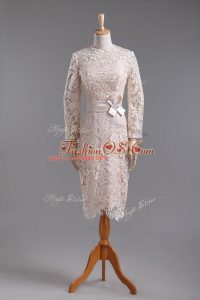 Champagne Mother Of The Bride Dress Prom and Party and Military Ball with Lace and Belt High-neck Long Sleeves Zipper