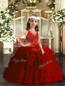 Pretty Red V-neck Zipper Ruffled Layers Kids Pageant Dress Sleeveless