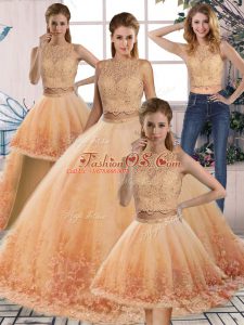Sleeveless Tulle Sweep Train Backless Sweet 16 Quinceanera Dress in Gold and Peach with Lace