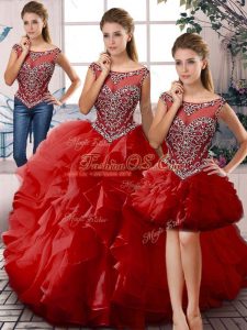 Red Scoop Neckline Beading and Ruffles Quinceanera Dresses Sleeveless Lace Up
