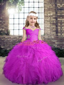 Floor Length Ball Gowns Sleeveless Fuchsia Little Girl Pageant Gowns Lace Up