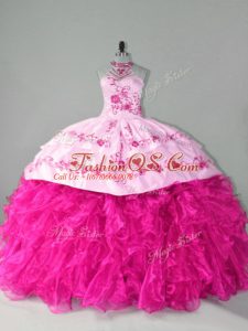 Halter Top Sleeveless Quinceanera Gown Court Train Embroidery and Ruffles Hot Pink Organza