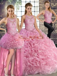 Pretty Beading Sweet 16 Dress Rose Pink Lace Up Sleeveless Floor Length