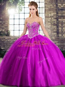 Gorgeous Purple Tulle Lace Up Sweetheart Sleeveless Sweet 16 Dresses Brush Train Beading