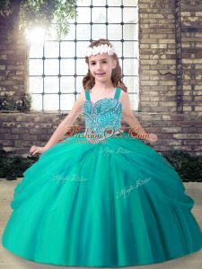 Inexpensive Aqua Blue Lace Up Kids Pageant Dress Beading Sleeveless Floor Length