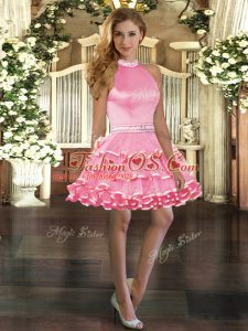 Simple Rose Pink Backless Halter Top Beading and Ruffled Layers Homecoming Dress Organza Sleeveless