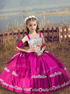 Hot Pink Sleeveless Satin Lace Up Little Girl Pageant Dress for Wedding Party