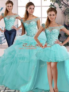 Aqua Blue Off The Shoulder Neckline Beading and Ruffles Quinceanera Gowns Sleeveless Lace Up