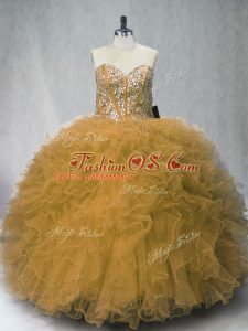 Sweet Brown Tulle Lace Up Sweetheart Sleeveless Floor Length Sweet 16 Dress Beading and Ruffles