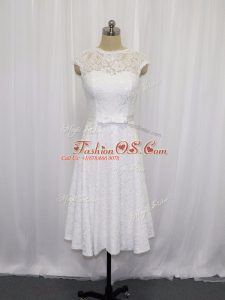 Custom Design White Empire Lace and Belt Wedding Dresses Lace Up Lace Sleeveless Tea Length
