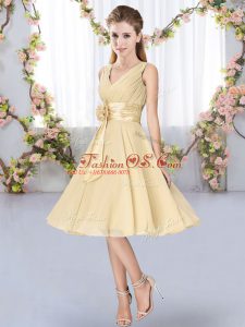 Knee Length Champagne Vestidos de Damas V-neck Sleeveless Lace Up