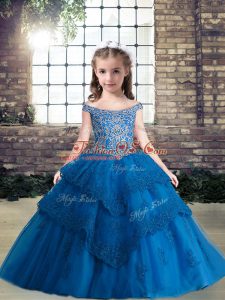 Hot Sale Tulle Sleeveless Floor Length Little Girls Pageant Dress Wholesale and Beading and Appliques