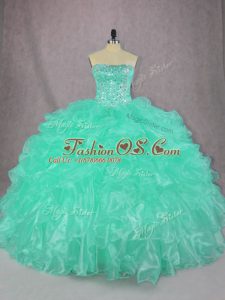 Comfortable Turquoise Lace Up Strapless Beading and Ruffles Quinceanera Gowns Organza Sleeveless