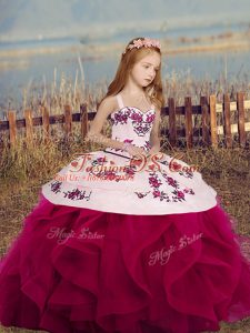 Fuchsia Lace Up Kids Formal Wear Sleeveless Floor Length Embroidery and Ruffles
