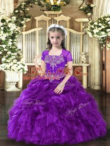 Purple Organza Lace Up Straps Sleeveless Floor Length Child Pageant Dress Beading and Ruffles