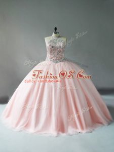 Noble Pink Halter Top Neckline Beading Sweet 16 Dress Sleeveless